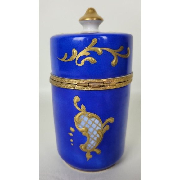 Vintage Limoges Main Hand Painted Blue Gold Floral Trinket Box Pillbox France - Picture 6 of 10